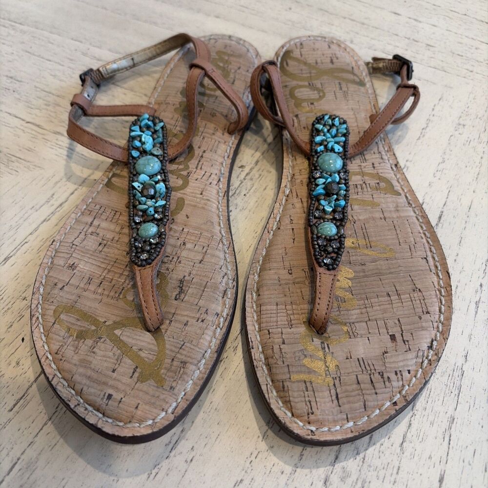 Sam Edelman leather thong flat sandals boho turquoise stones size 8.5